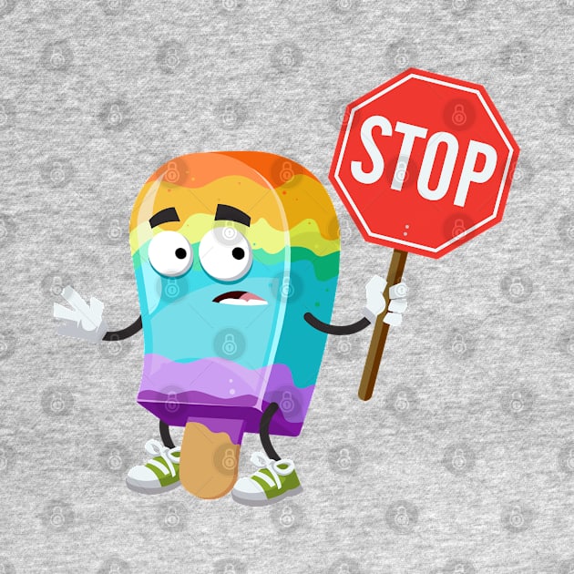 cartoon rainbow colors ice cream on a stick mascot with tablet stop in hand by VizRad